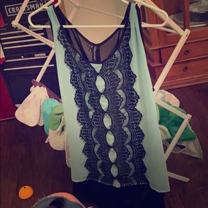 Light blue and black lace high low tank top
